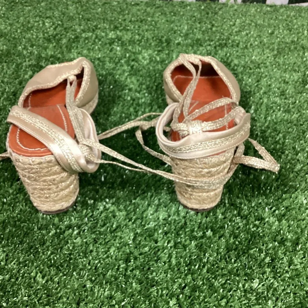 MARC JACOBS Gold Wedge Espadrille Ankle Strap Sandals 40